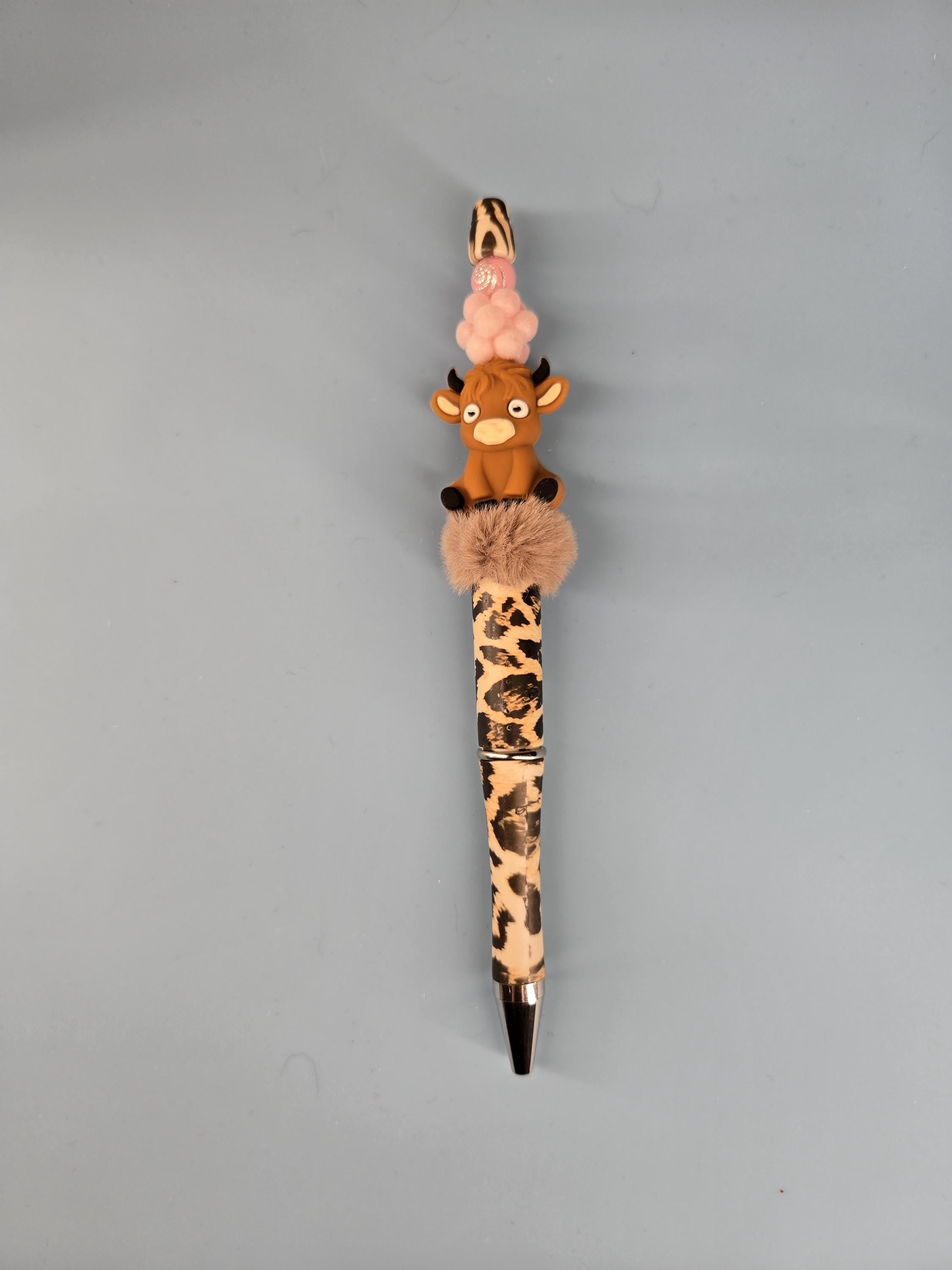 Handmade Beaded Pen: Highland Cow, Leopard Print