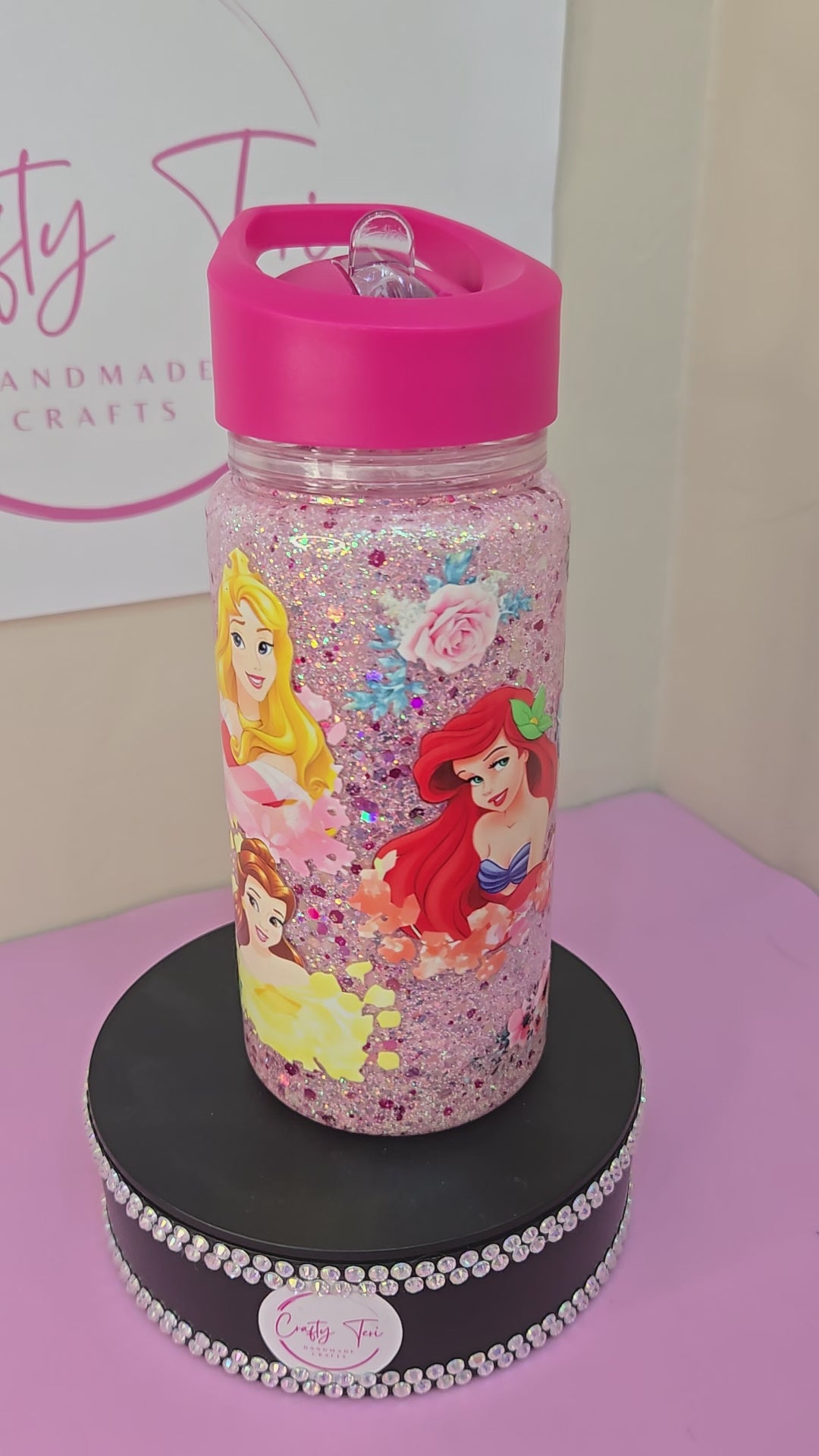 10oz kids Princess glitter drinks bottle with flip up straw